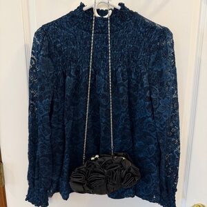 SET! Cable & Gauge Large Deep Sea Blue Floral Lace Blouse + Black Cocktail Purse